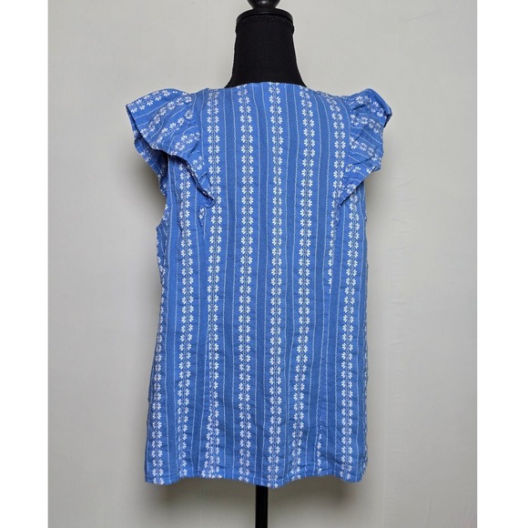 Croft & Barrow Women's Sleeveless Ruffle Blouse XL Blue Floral Striped Summer - Picture 2 of 7